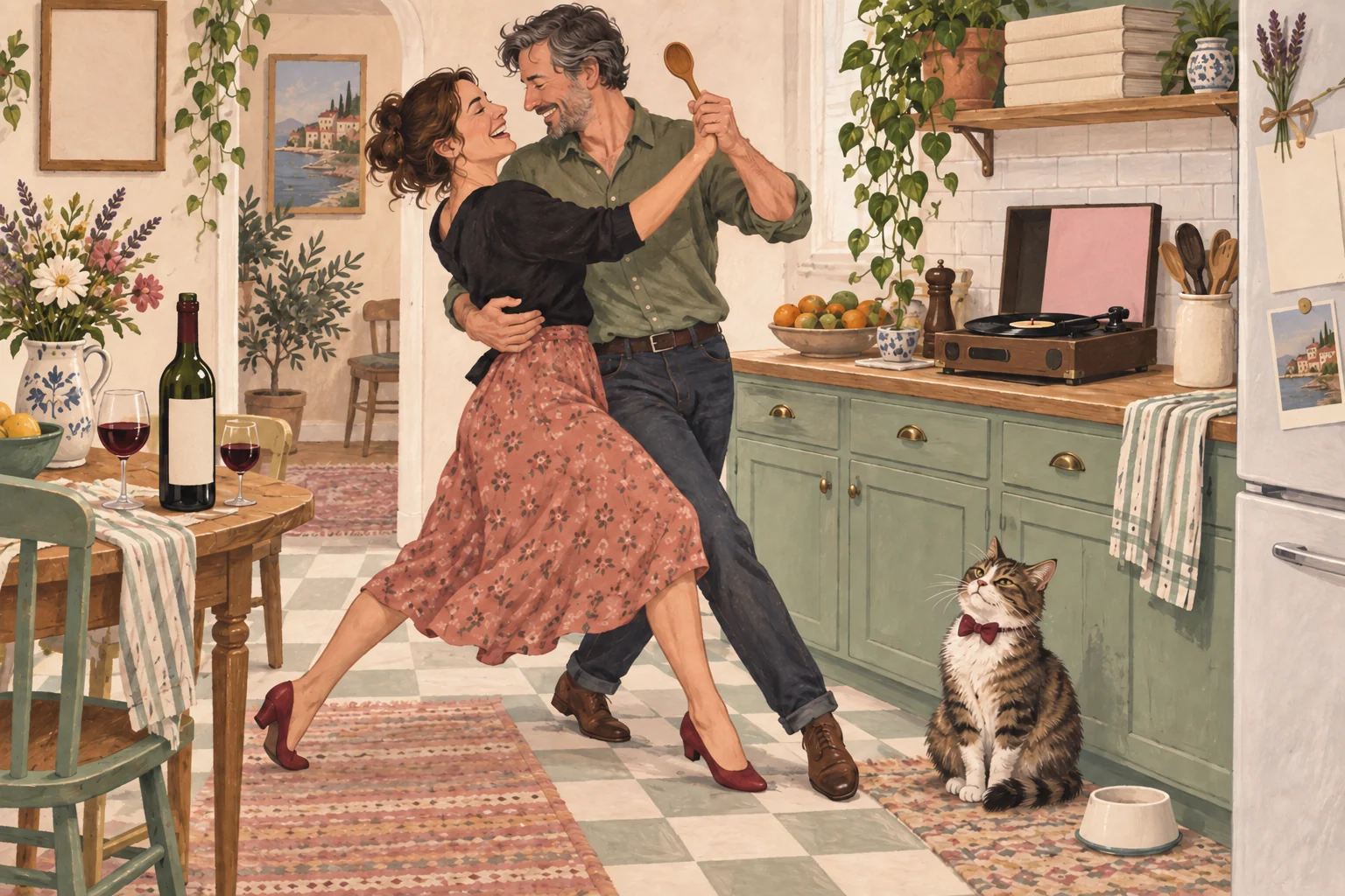 A couple dances in their kitchen with a wooden spoon as a solemn cat watches.