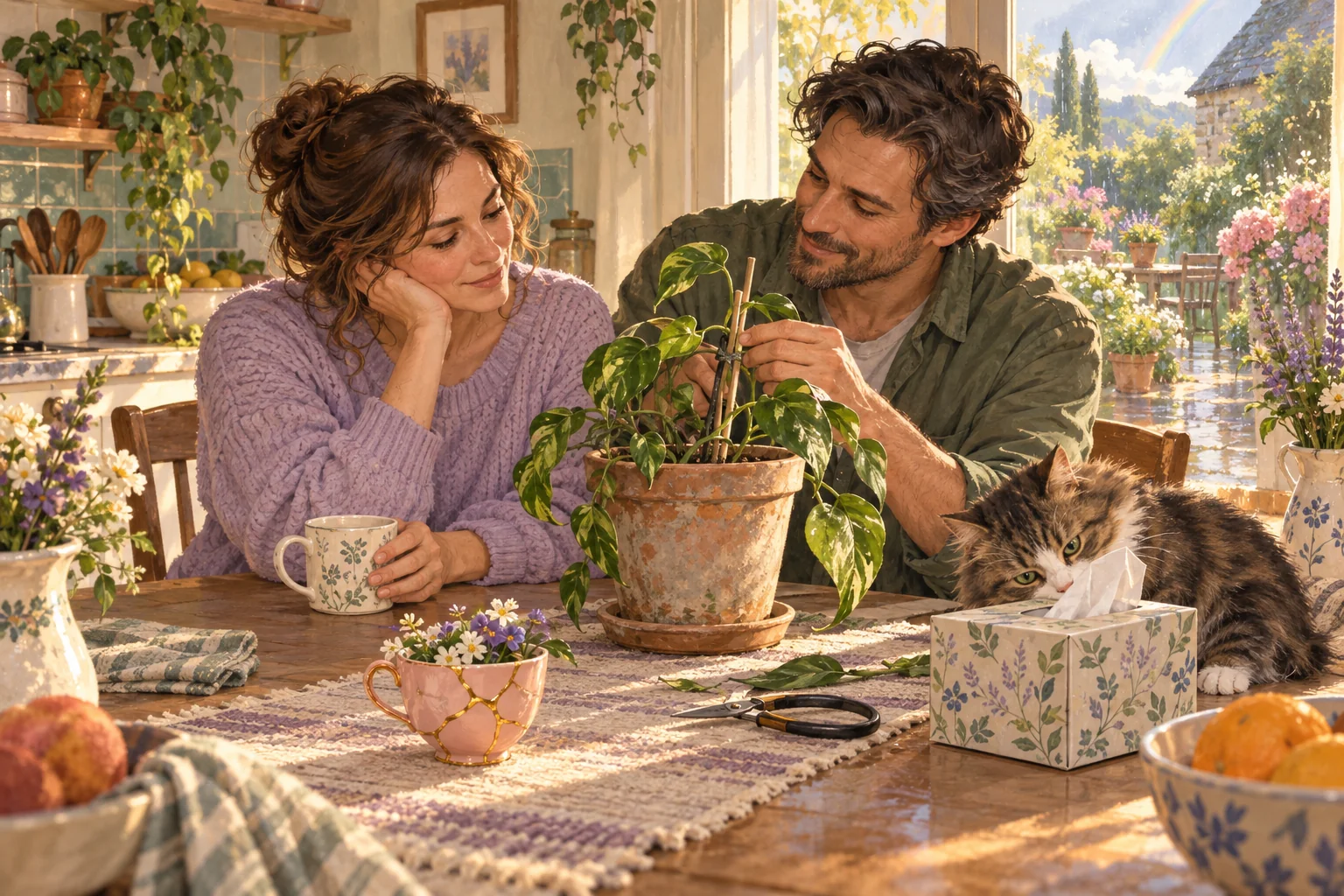 Two adults tend a potted plant beside a repaired teacup and a cat near a tissue box.