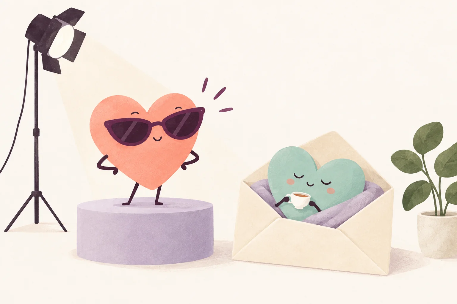 A peach heart poses under a studio light while a mint heart relaxes privately in an envelope.